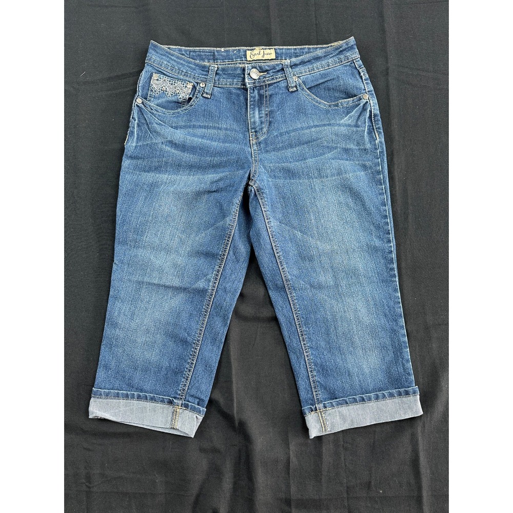 Earl Jean Womens Capri Jeans Size 6 Medium Wash Embroidered Rhinestone Cuffed